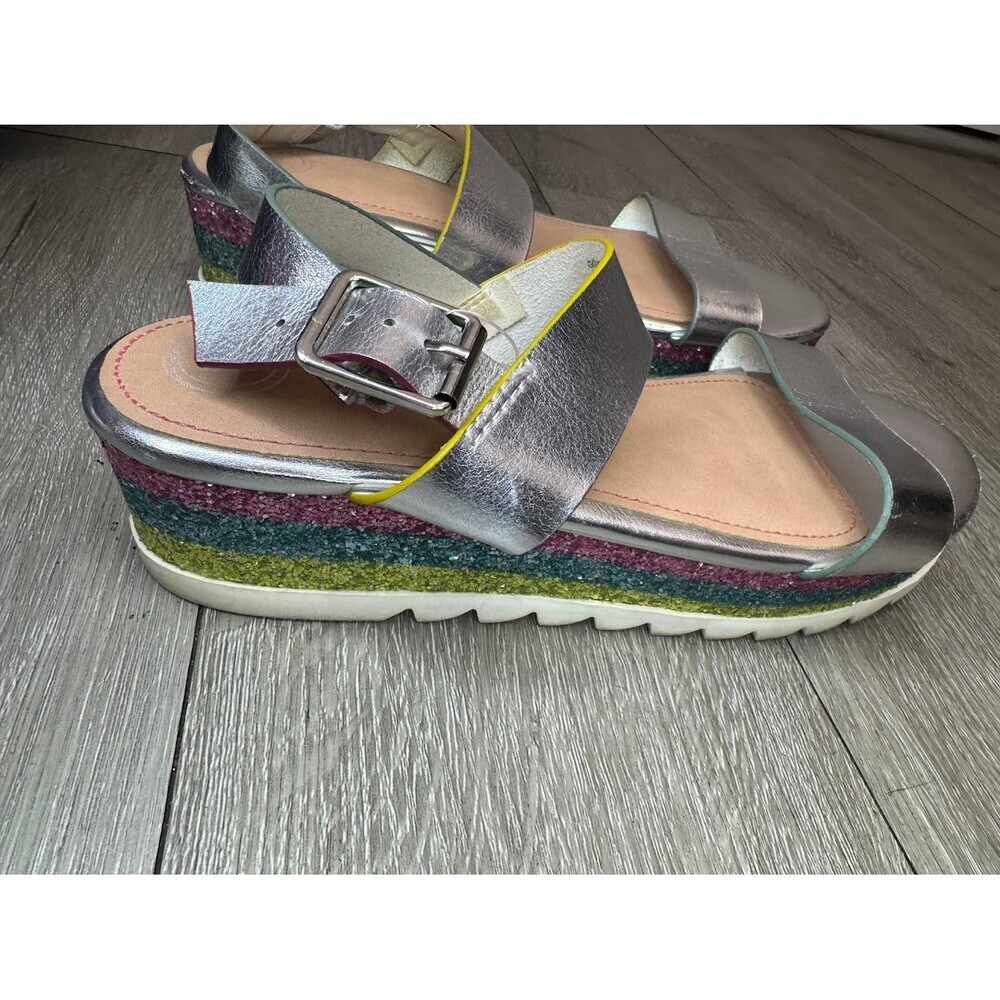 Metallic Silver Platform Sandals Rainbow Glitter Wedge Girls Size 5 - Picture 4 of 5